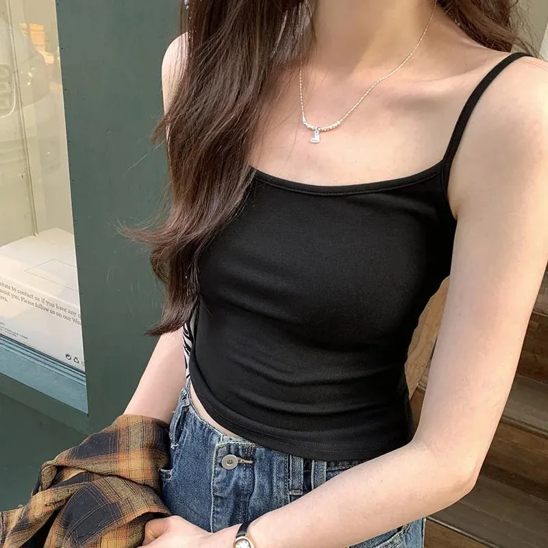 Camisola fina sem mangas com alças de cor sólida feminina com almofada no peito confortável, top diário para viagem dentro do colete de algodão esportivo