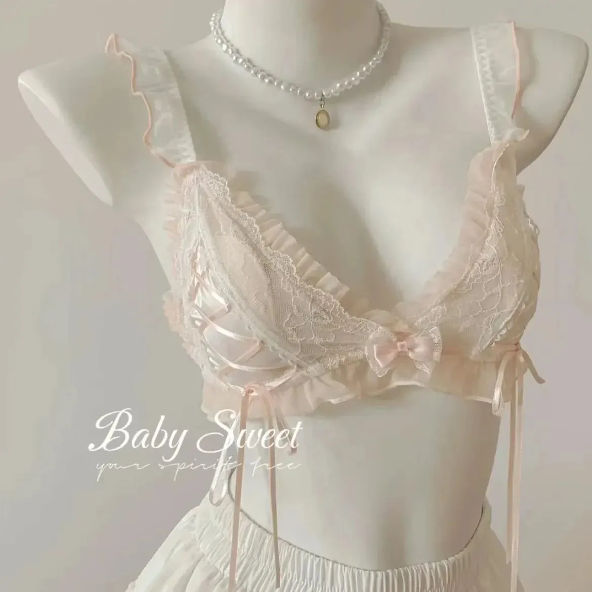 Lolita estilo fino renda triângulo copo conjunto de sutiã para mulher bonito pequeno busto lingerie sexy roupa interior