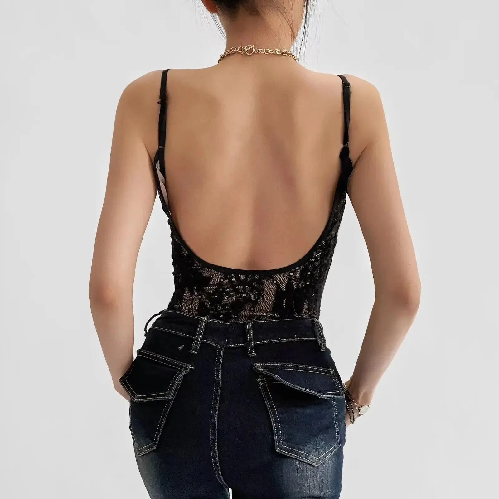 Sexy ver através de renda com forro sem costas cinta de espaguete bodysuit mulher estilingue apertado macacão curto ajuste fino macacão playsuits