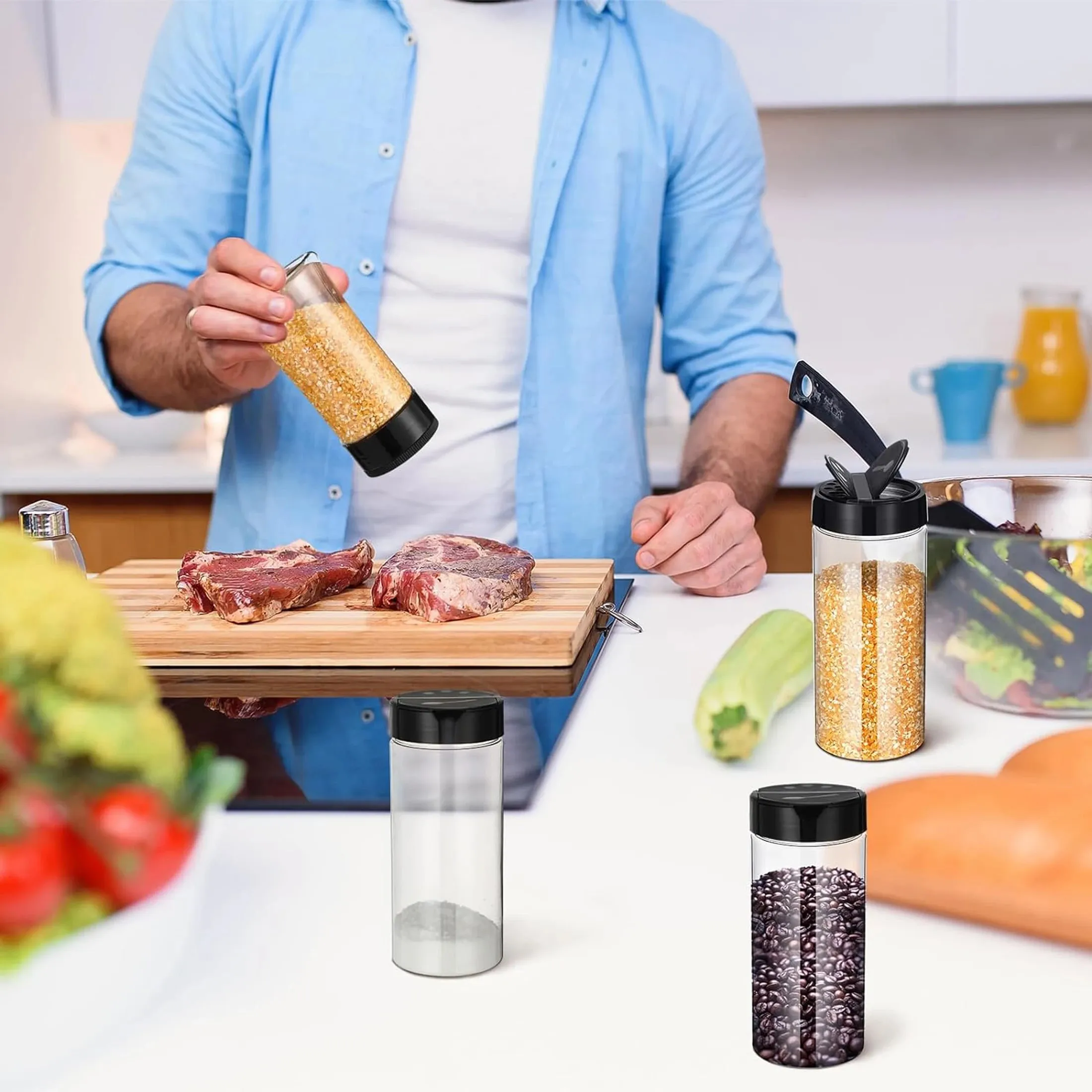 Latas de especias transparentes de plástico de 400ml con contenedores de condimentos con tapa agitadora para cocina y barbacoa