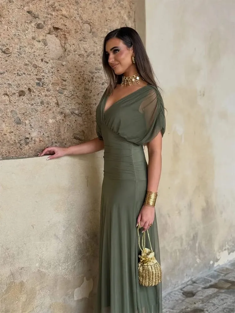 Feminino sólido profundo decote em v malha vestido longo elegante puff manga curta ruched cintura alta vestidos 2026 verão senhora casual rua robe