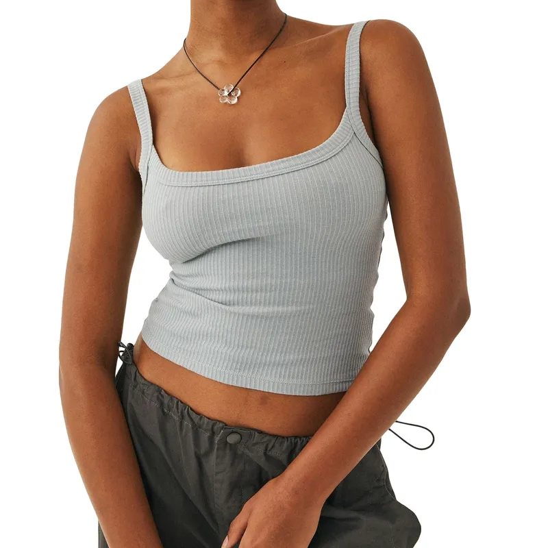 Women´s Solid Color Tank Tops Basic Vest Ribbed Sleeveless U Neck Slim Fit Cropped Tops — image 14
