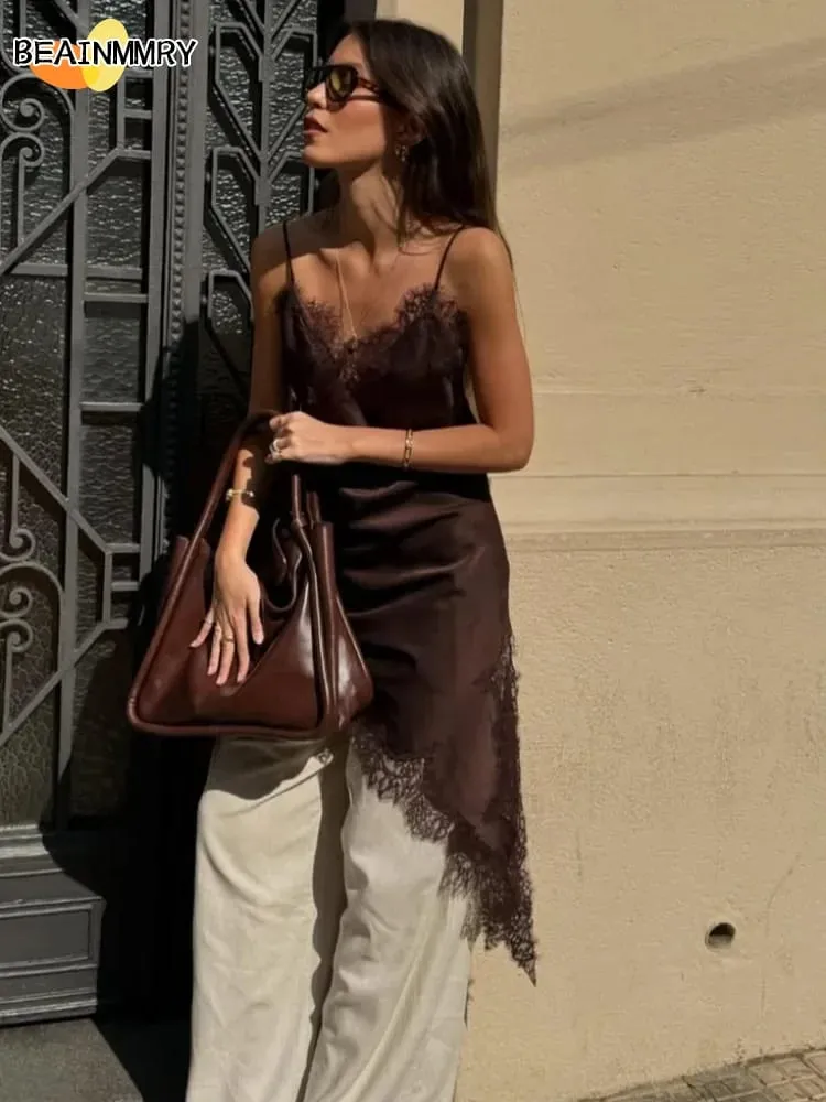 Brown Satin Lace Splicing Sling Dress Women Elegant Irregular Hem V Neck Backless Sleeveless Gown Chic Women Party Club Vestidos
