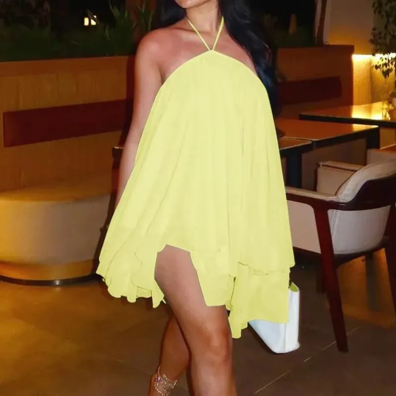 Elegante halter babados vestido curto feminino solto sólido sem alças sem mangas vestidos sem costas 2026 primavera senhora praia férias roupões