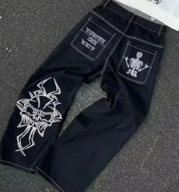 Y2k preto multi bolso carga calças de brim das mulheres dos homens perna larga angustiado bainha desgastada bolsos botão detalhe baggy streetwear calças