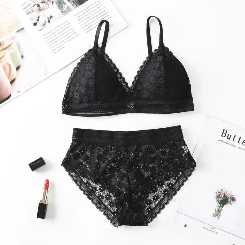 Lace Back Women Bra Set Without Steel Rims French Triangular Cup Comfortable Chest Covering Stretchable Skin Friendly Underwear