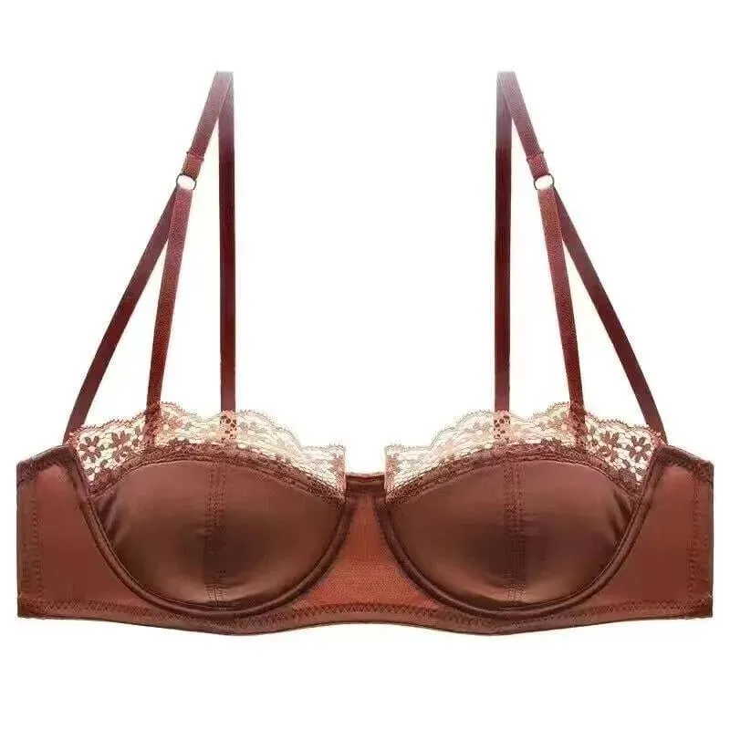 Europeu-americano sexy cetim meia xícara confortável conjunto de roupa interior de suporte superior fino com anel de aço borda de renda verde sutiã brilhante
