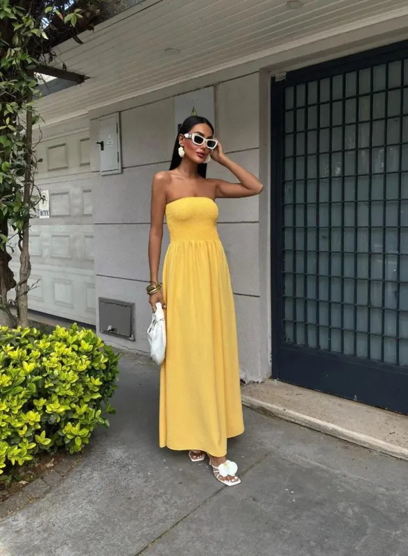 2026 nova moda verão cor sólida fora do ombro sem alças cintura-cintura vestido longo para mulher