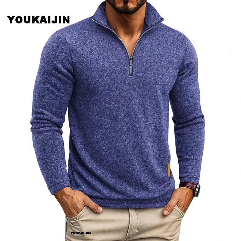 Moletom masculino primavera mais grosso pulôver quarto zíper pulôver para masculino com capuz ao ar livre sweatshir outono cor sólida gola alta