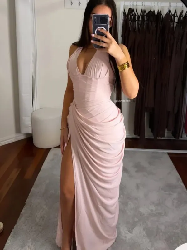 Elegante amarelo sem alças plissado vestido longo feminino chique sólido sem mangas cintura cinching split vestido 2026 senhora festa de noite robes
