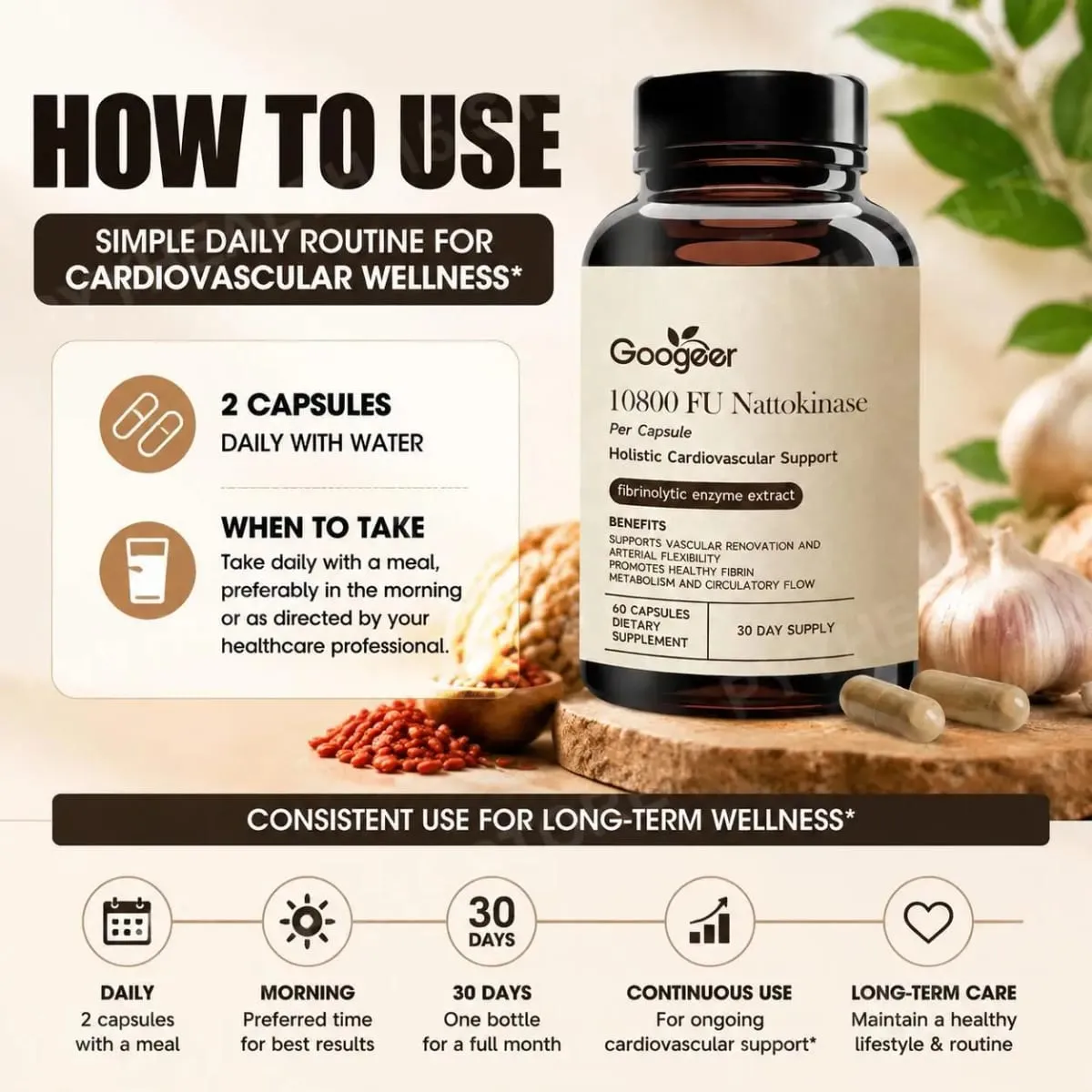Googeer Advanced Enzyme CoQ10 Formula Capsules Clean Vegan Non GMO Daily Wellness Support Suplemento 60 Capsules Easy Use
