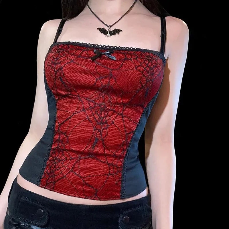 Gótico punk menina aranha web padrão rendas retalhos camis feminino sexy sem mangas gola quadrada magro tanque topo streetwear colheita topo