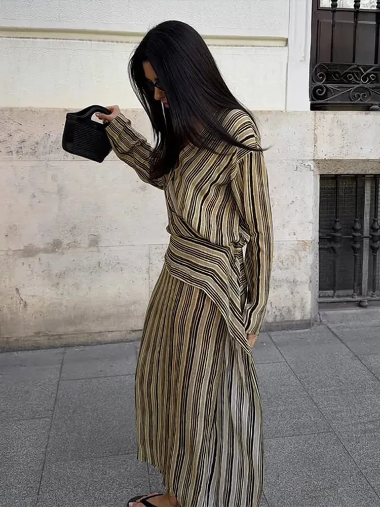 Casual listra maxi vestidos femininos soltos mangas completas profundo decote em v tornozelo comprimento vestido 2026 novas senhoras verão férias praia outfit — image 4