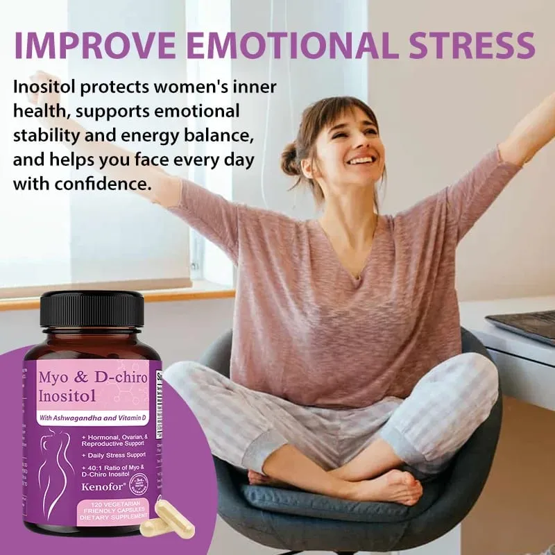 Suplemento de inositol com Ashwagandha melhora a função muscular ovariana Equilíbrio antioxidante de açúcar no sangue 120 cápsulas vegetais
