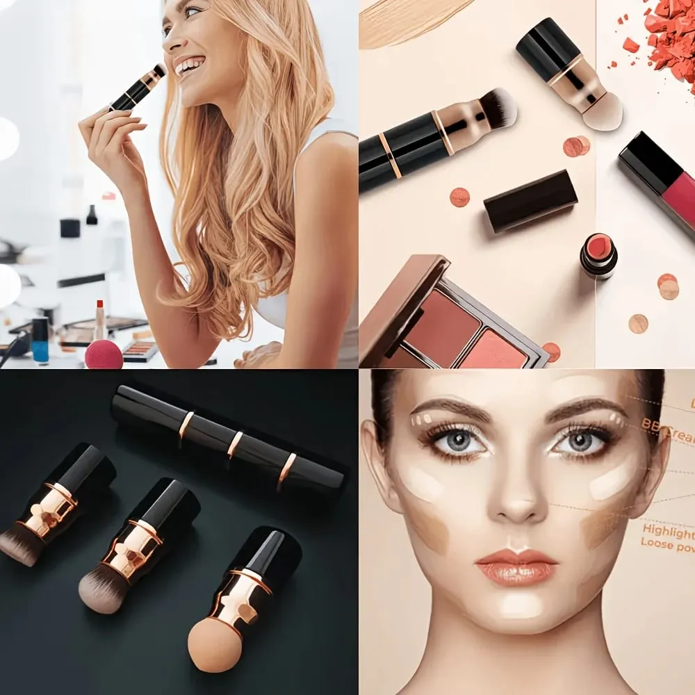 3in1 Mini Portable Makeup Brush with Dust Cap Detachable Sponge Angled Foundation & Powder Heads Bionic Hair Sturdy Aluminum