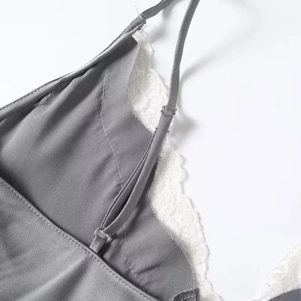 Casual cor sólida rendas retalhos tanques cinta espaguete respirável cetim camisola sem mangas com decote em v topos roupa de festa