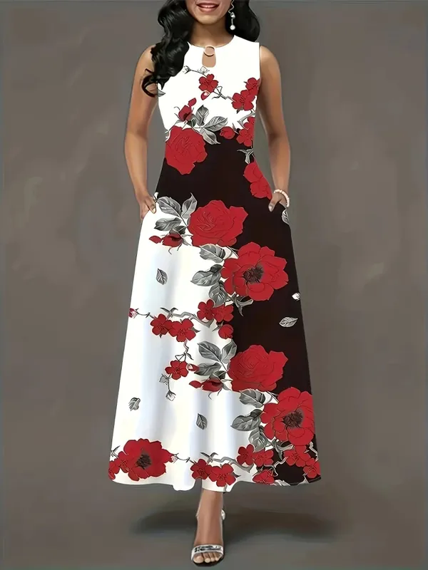 Vestido longo temperamento sem mangas estampado europeu e americano de tamanho grande para mulheres vestido longo retrô