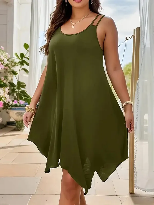 Plus Size Womens Solid Strappy Asymmetrical Hem T Shirt Midi Dress Ladies Sleeveless Casual Loose Summer Holiday Sundress XL-5XL