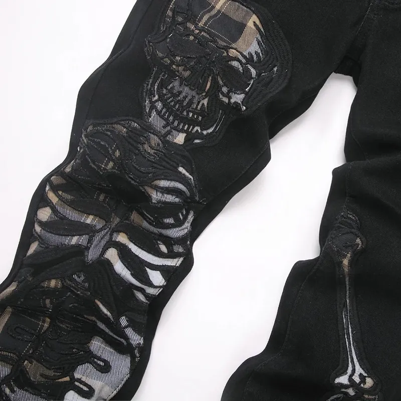 Men Skull Stretch Denim Jeans Punk Black Slim Boot Cut Pants Streetwear Devil Embroidery Patch Flared Trousers