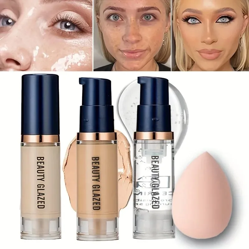Conjunto de maquiagem facial 3 unidades fosco base líquida à prova d'água de longa duração + primer + puff