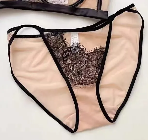 Premium Sheer Mesh Bra Set Fringed Lace Half-Cup Minimizer Ultra-Thin Luxury Lingerie Full Bust Coverage Slim Silhouette