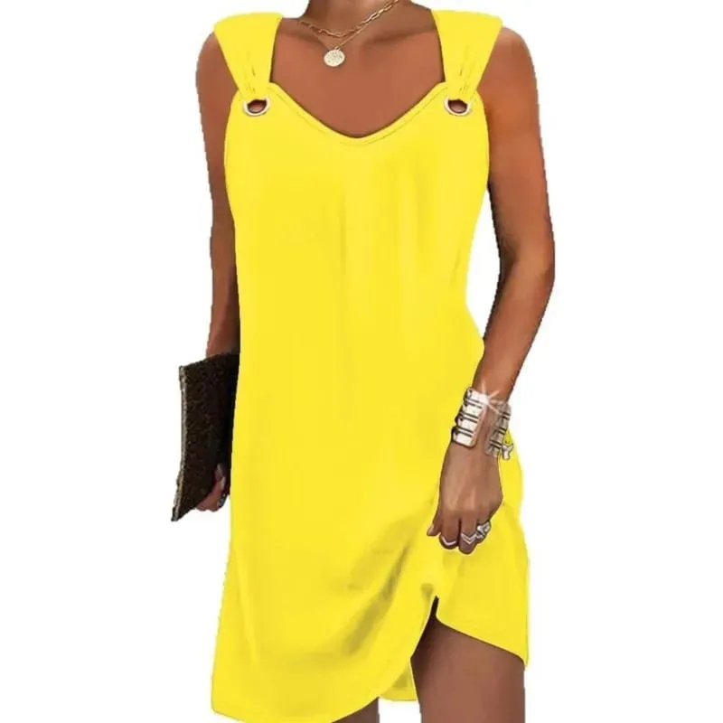 Mulheres verão vestidos casuais 2025 elegante estilo simples cor sólida botão de metal com decote em v sem mangas vestido feminino sexy midi vestidos