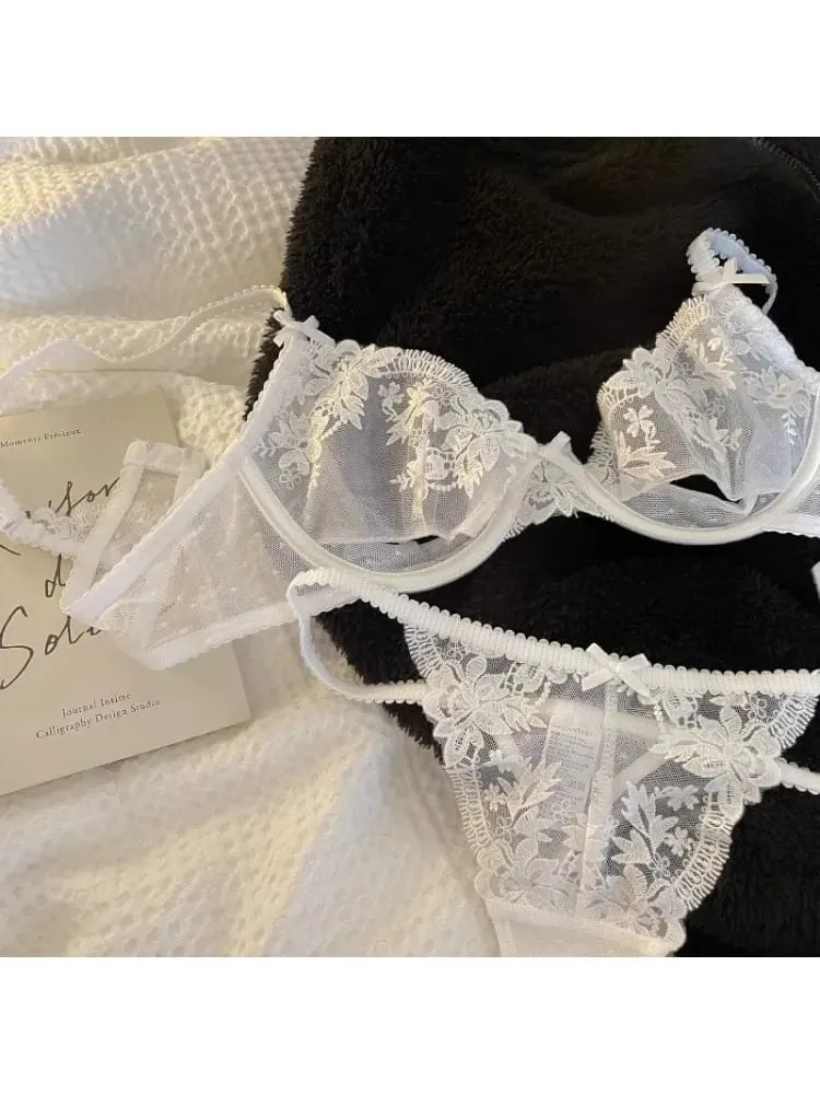 Conjunto de sutiã meia xícara de renda parisiense – lingerie de verão ultrafina com recortes transparentes e sem esponja, desejo francês sexy