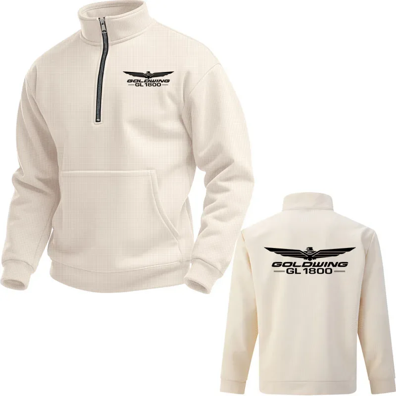 2025 Solid color plus size Textured men's pullover top Gold Wing gl1800 print Loose comfortable Stand Collar Zipper Hoodies