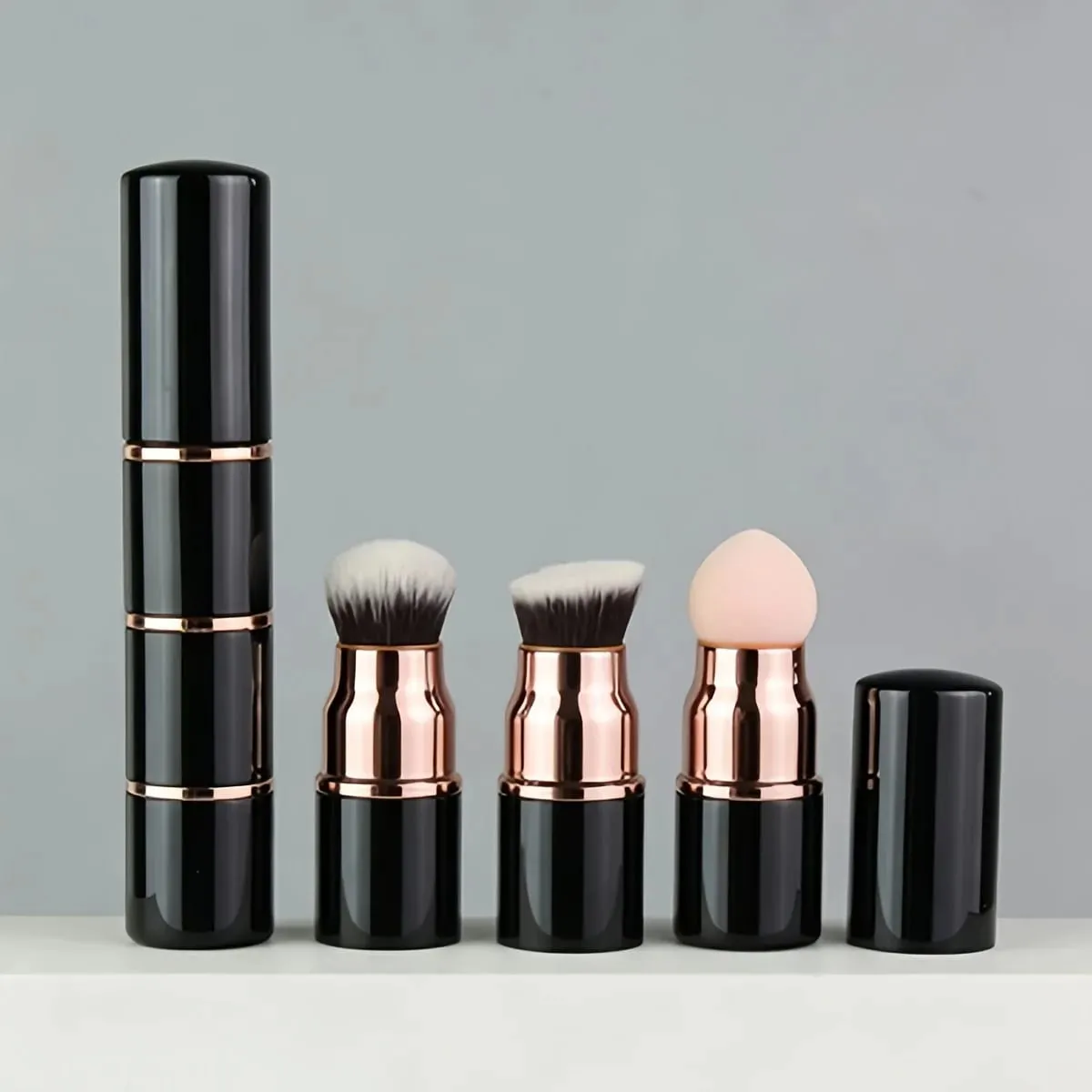 3in1 Mini Portable Makeup Brush with Dust Cap Detachable Sponge Angled Foundation & Powder Heads Bionic Hair Sturdy Aluminum