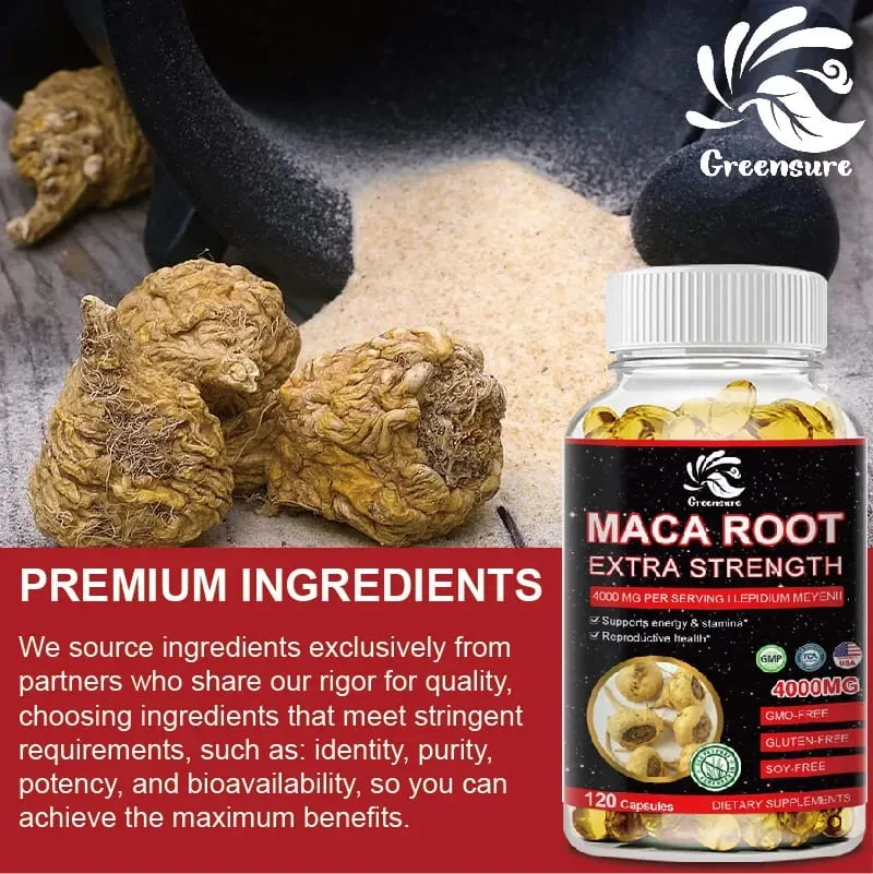 Cápsulas em pó de raiz de maca orgânica Greensure 4000 mg com suplemento de extrato de raiz de maca para homens e mulheres