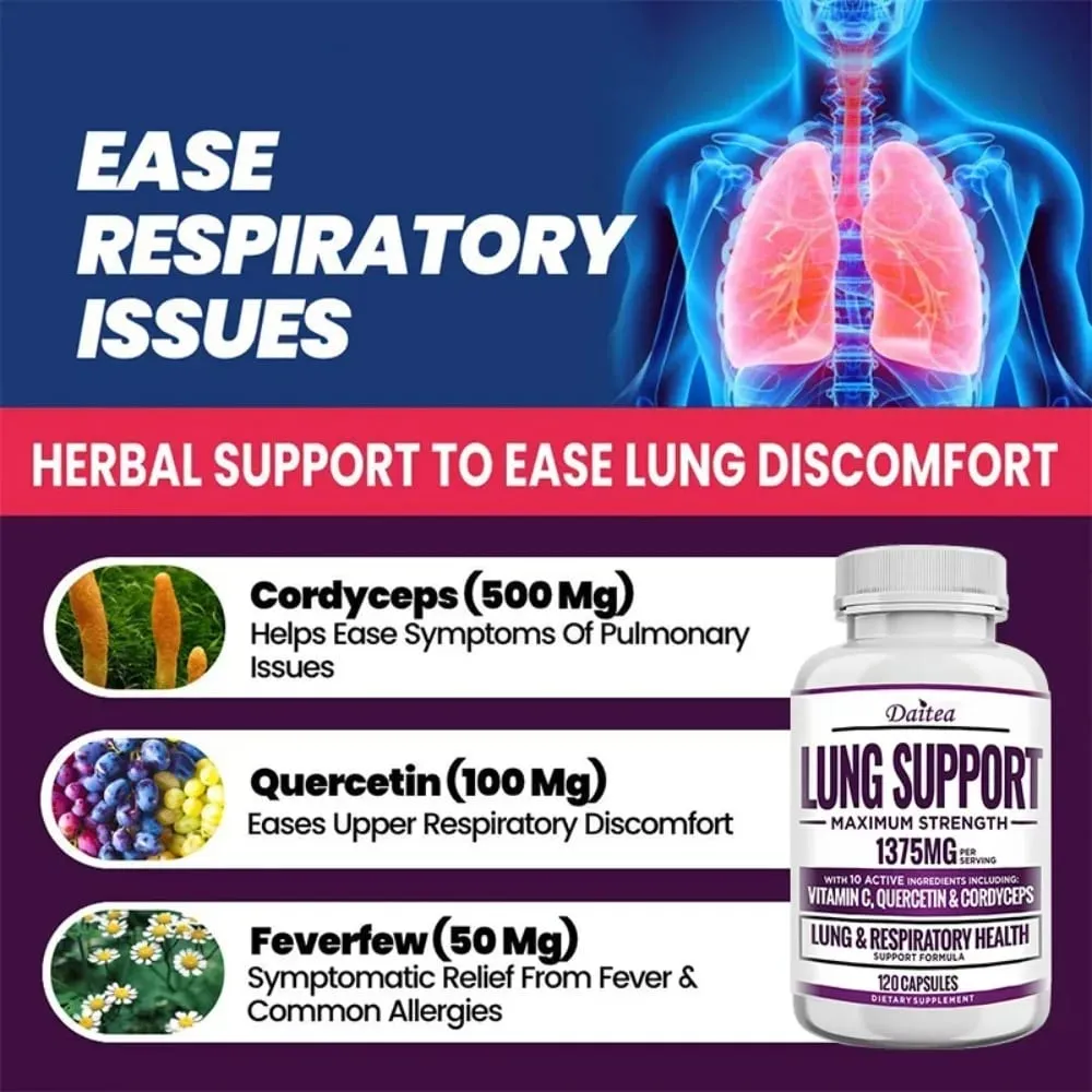 Suplemento de suporte pulmonar para limpeza e desintoxicação pulmonar com quercetina, bromelaína, vitamina C e cordyceps para suporte respiratório pulmonar