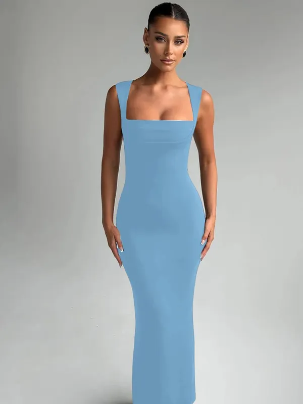 Hugcitar feminino elegante sólido gola quadrada alças sexy bodycon maxi vestido de baile verão feminino y2k roupas festa à noite aniversário