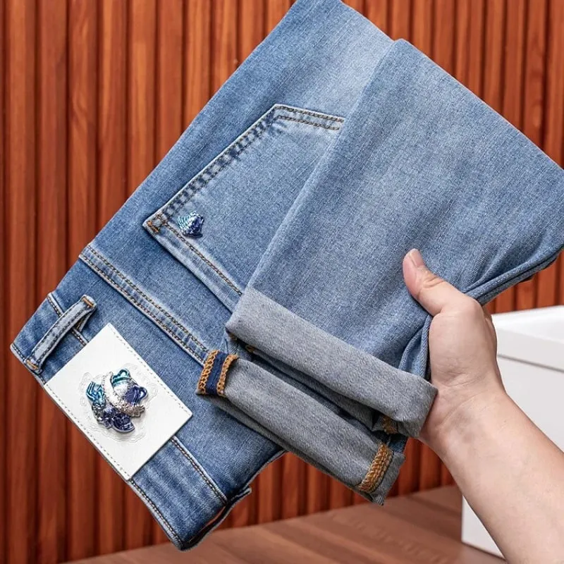 2024 novas calças de brim masculinas de alta qualidade luz luxo e simplicidade versátil moda casual roupas masculinas ajuste fino calças cônicas