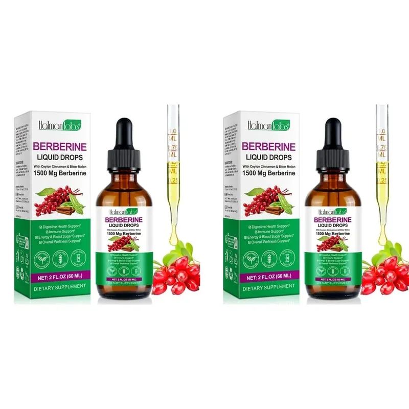 Gotas líquidas de berberina Holmanlabs com canela do Ceilão e melão amargo Suporte à saúde digestiva 1500 mg Vegano não OGM 60 ML