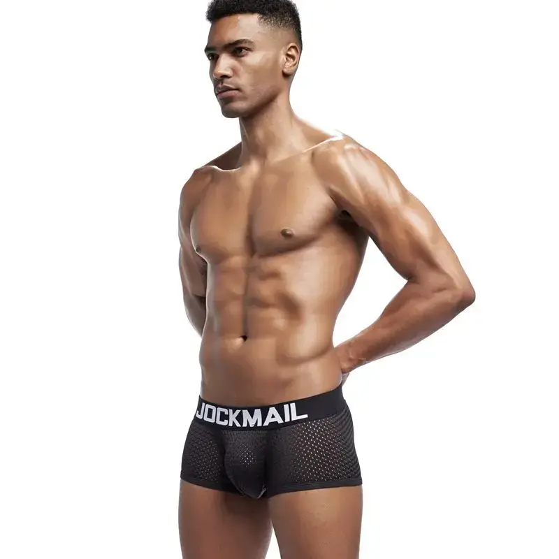 Jockmail Boxers Sexy Mens Panties Mesh Quick-drying Breathable Calzoncillos Solid Color Simple Boxers Hombre Semi-transparent