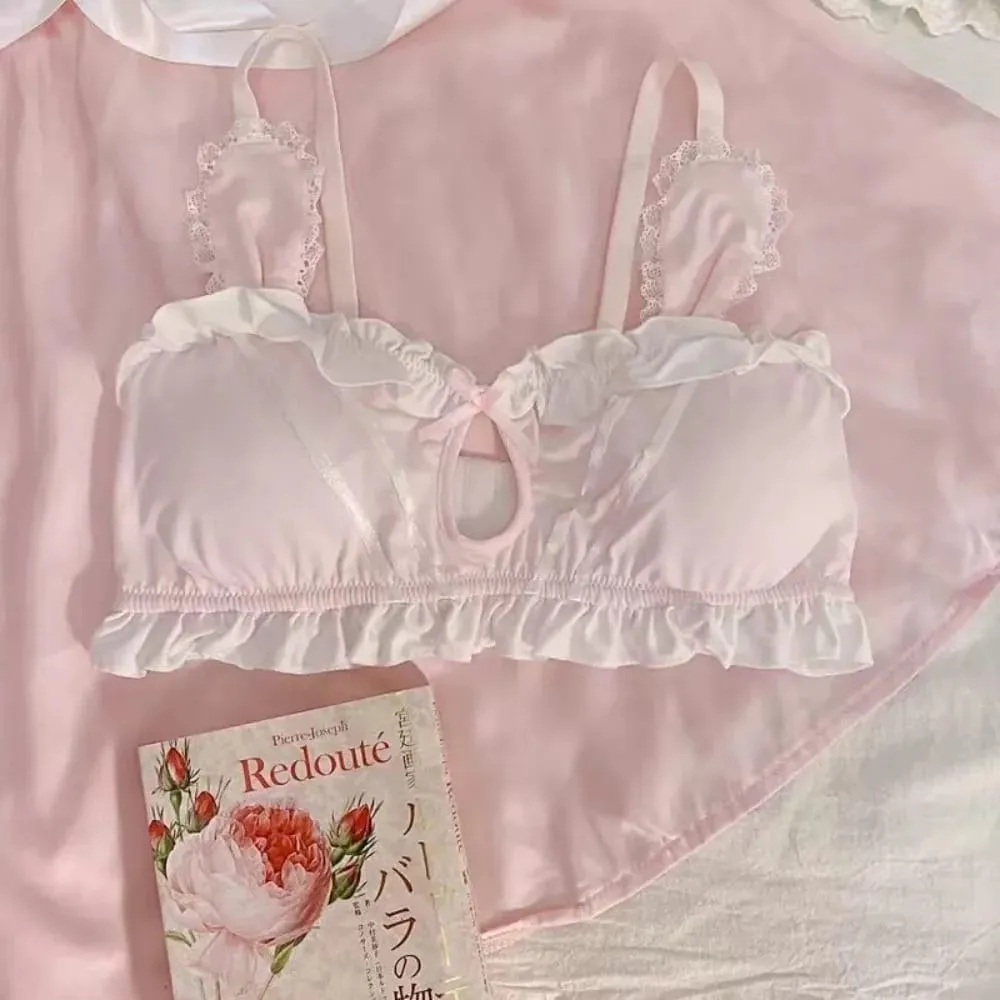 Bonito japonês coelho orelha sutiã calcinha conjunto sem fio fino triângulo sutiã para pequeno peito plano respirável roupa interior diária S-XL