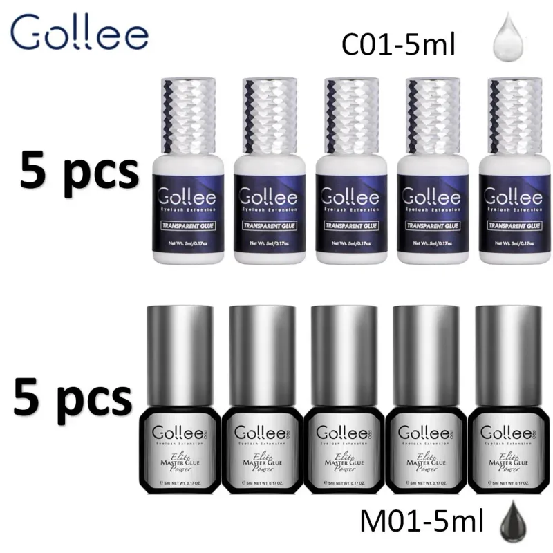 Gollee 5pcs Pink Clear Eyelash Grafting Glue And Gollee 5pcs Fast Drying Black Eyelash Extension Adhesive Private Label Accepted
