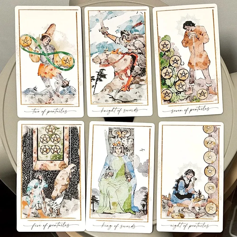 Baralho de tarô moderno Hue - 78 cartas de tarô em aquarela 12 * 7 cm com base em imagens RWS - cartas de adivinhação estética com relevo duplo