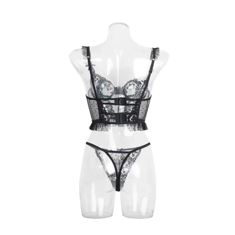 Sexy sutiã breve conjunto babados dot lingerie bordado flores calcinha sólida roupa interior rendas dois fechamento traseiro conjuntos exóticos íntimos