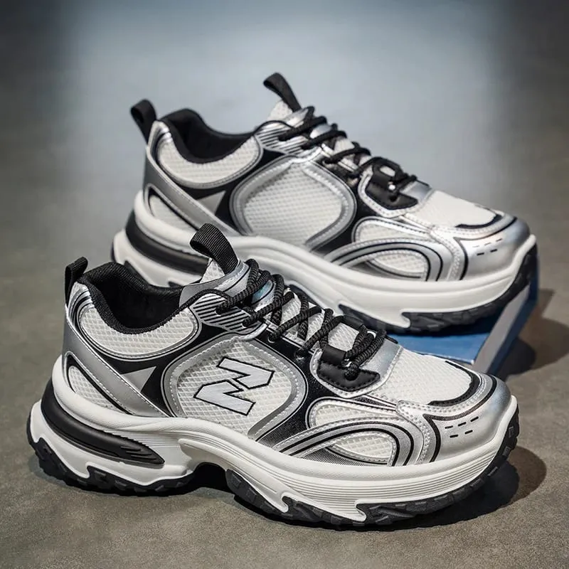 2025 novos tênis masculinos de sola grossa de altura crescente estilo retro malha respirável versátil sapatos casuais
