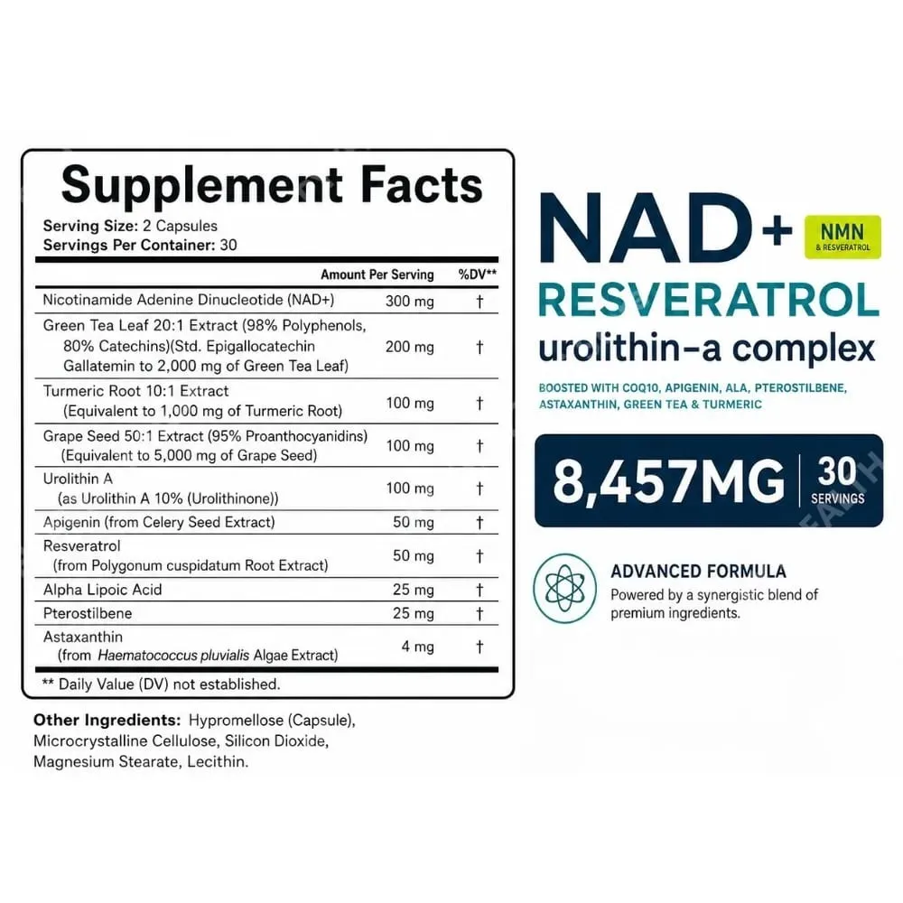 Suplemento lipossomal NAD+ Capsules para adultos apoia a saúde celular energética com urolitina A, resveratrol e chá verde 60 contagens