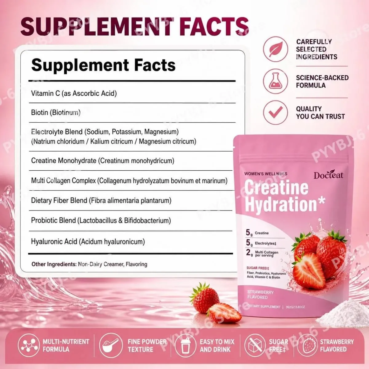 Docteat creatina em pó eletrólitos colágeno vitamina c biotina açúcar livre sabor morango feminino fitness bem-estar 30 porções — image 3