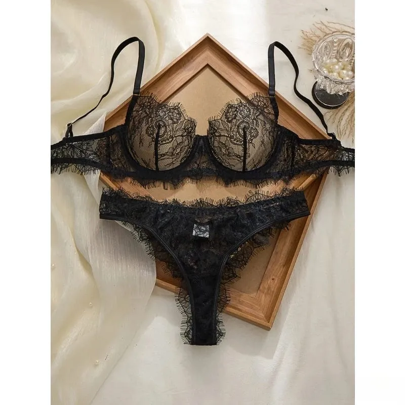 Conjunto de sutiã e calcinha de renda fina estilo básico feminino sem costura camada única roupa íntima confortável