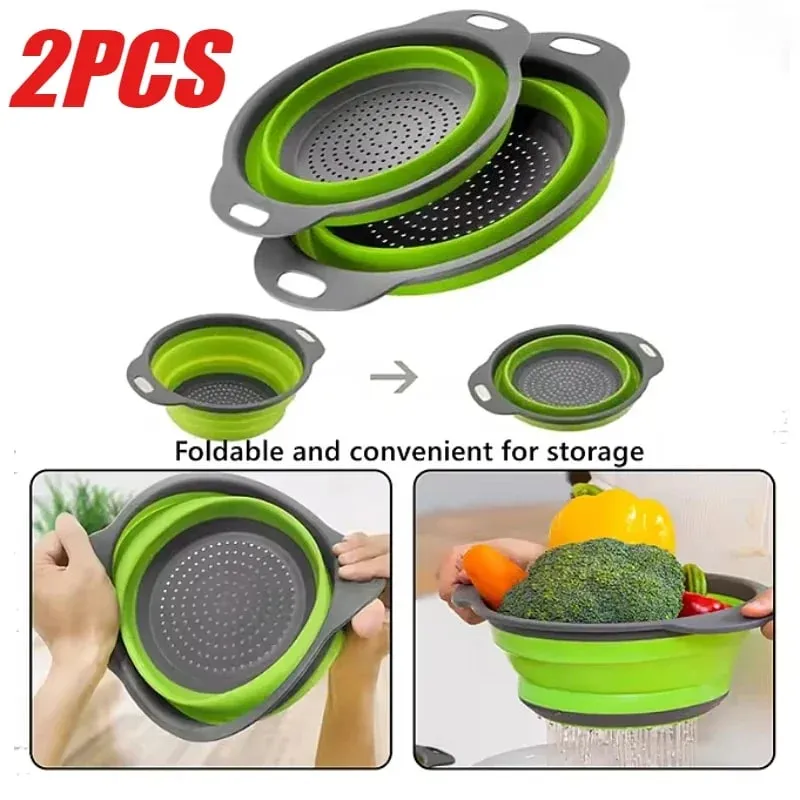 2 pçs silicone dobrável escorredor cesta frutas vegetais dobrável coador de cozinha para alimentos macarrão utensílios de cozinha dispositivo de drenagem — image 2