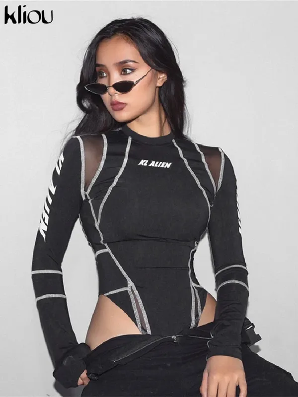 Kliou feminino manga cheia gola alta bodysuits malha retalhos carta impressão biker nova moda feminina treino rua casual macacão