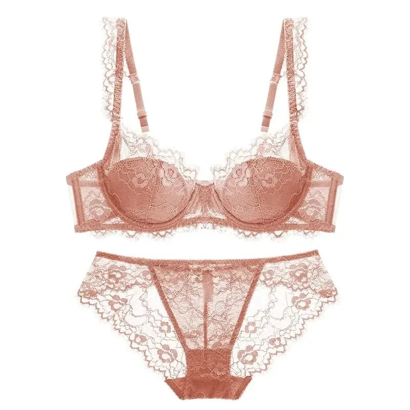 Conjunto de sutiã e calcinha levemente forrado, renda de cílios finos, roupa íntima com push up, macio, confortável, respirável, lingerie sexy feminina