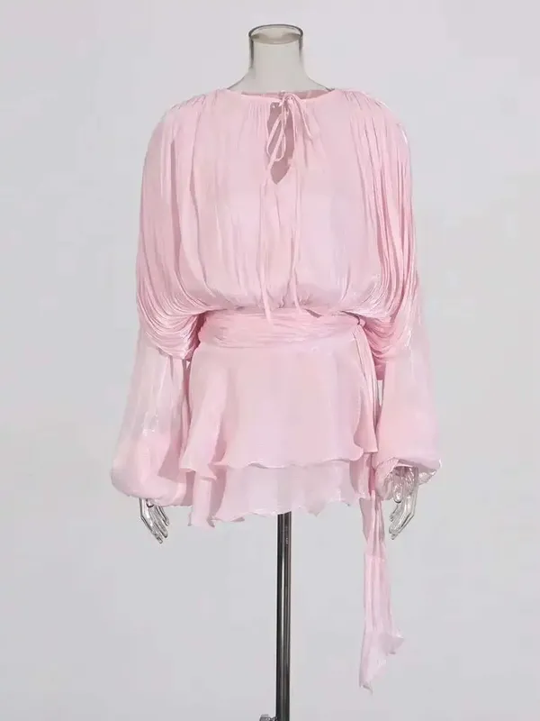Blusa sólida mini vestidos para mulheres com decote em v manga longa emendado rendas até vestido estilo doce roupas femininas moda — image 11