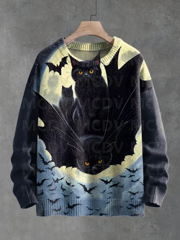 Cute Black Cat Flower Birds Art Pattern Print Casual Knit Pullover Sweater Classic Sweater Men's For Women's Pullover