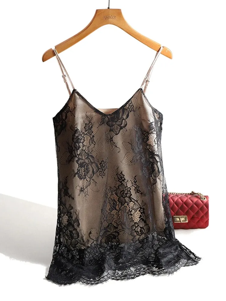 Sexy renda espaguete cinta superior feminino halter v pescoço básico cami sem mangas cetim de seda regata verão