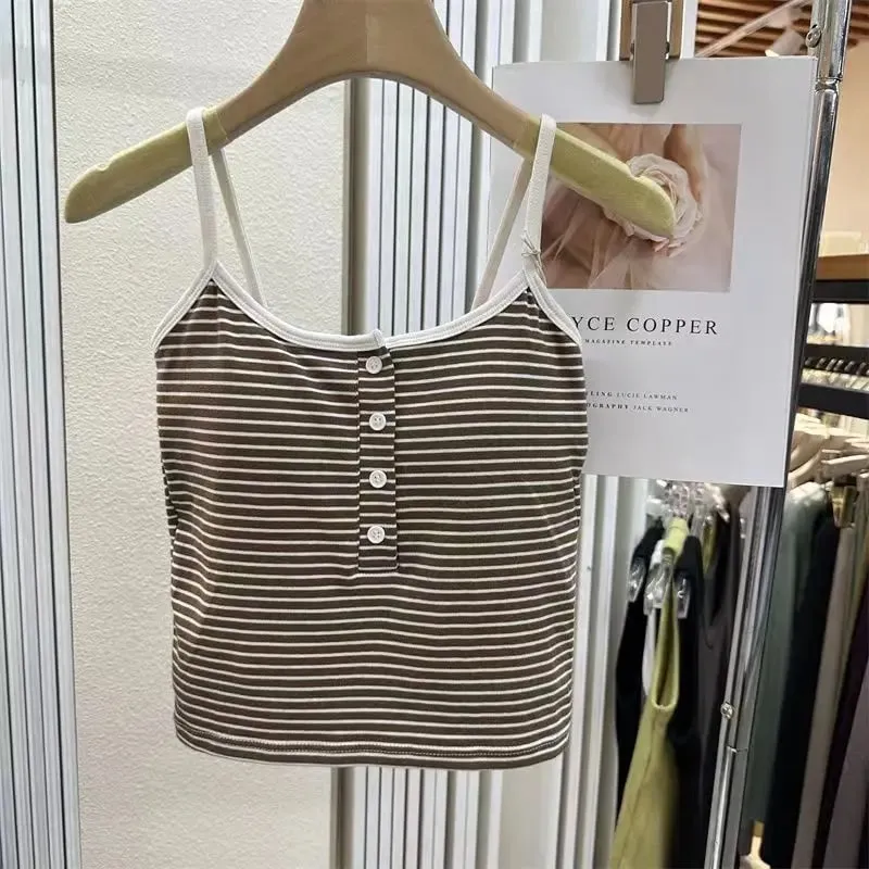 Colete feminino listrado integrado, roupa interna e externa, botão fixo, sem sutiã, top esportivo, estilo curto, algodão 100%, colete curto